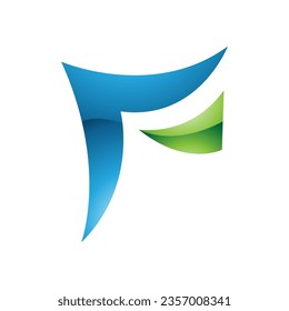 Blue and Green Wavy Glossy Paper Shaped Letter F Icon on a White Background