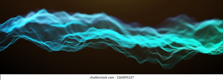Blue and Green Wavy Particle Surface on Black Background. Abstract Technology or Science Banner. Cyber Space Background. Particles with DOF Effect. EPS10 Vector Illustration.