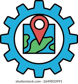 Uma roda azul e verde com um ponto vermelho no meio. O ponto é um marcador de mapa