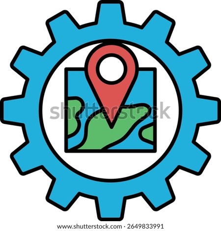 A blue and green wheel with a red dot in the middle. The dot is a map marker