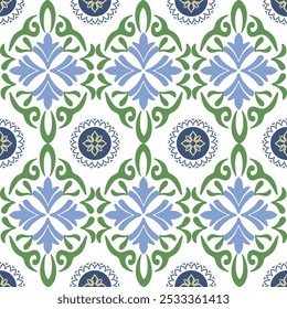 Blue, green, and white classic damask seamless pattern: vector illustration for elegant textile design, carpet, curtains, and clothing. Ideally for all decoration.