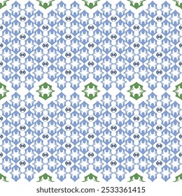 Blue, green, and white classic damask seamless pattern: vector illustration for elegant textile design, carpet, curtains, and clothing. Ideally for all decoration.