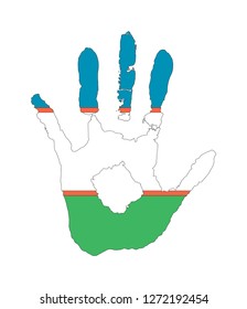 blue and green white and red color of the flag. vector handprint in the form of the flag of Uzbekistan.