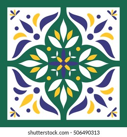 Blue, green and white tile vector. Italian majolica or portuguese tiles pattern with flower ornaments.
