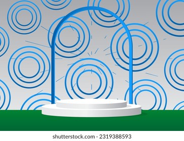 Pantalla de producto vectorial azul, verde y blanco. Resumen del podio peatonal del cilindro de la parrilla. Formas geométricas mínimas, muestra de escenario para presentación.