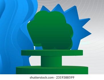 Pantalla de producto vectorial azul, verde y blanco. Resumen del podio peatonal del cilindro de la parrilla. Formas geométricas mínimas, muestra de escenario para presentación.