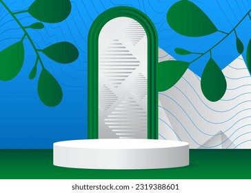 Pantalla de producto vectorial azul, verde y blanco. Resumen del podio peatonal del cilindro de la parrilla. Formas geométricas mínimas, muestra de escenario para presentación.