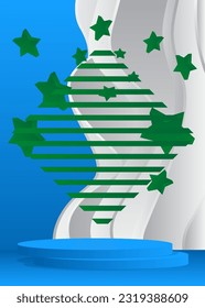 Blue, green and white vector product display. Abstract mockup cylinder pedestal podium. Minimal geometric forms, stage showcase for presentation.