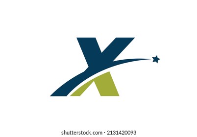 blue green X alphabet letter logo icon with star. Creative design for business or company with swoosh