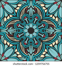 Blue, green and yellow abstract patterns in the mural mosaic tiles. Pattern in the Mediterranean Oriental style. Vector illustration.  Suitable for printing on fabric or paper.