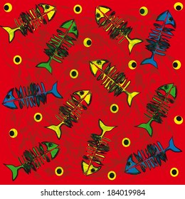 Blue green yellow fishbones on red background