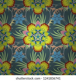 Blue, green and yellow geometric seamless pattern. Luxury motley pattern with abstract vector elements.