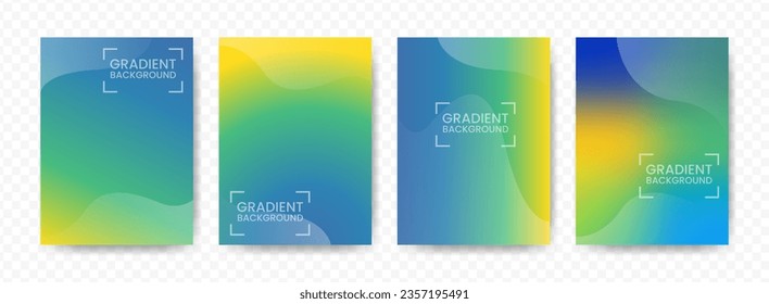 Fondo de degradado azul, verde, amarillo sobre fondo transparente (PNG). Plantilla de tamaño A4. Ilustración vectorial de 4 formas abstractas. 