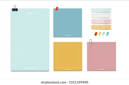 blue green yellow pink note set with Cute index- clip paper binder clip and thumbtack - Vector Illustration