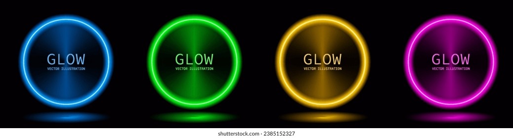 Blue, green, yellow, purple illuminate circle frame design templates. Set of futuristic style and glowing color circle background. Glowing neon lighting on dark background vector.