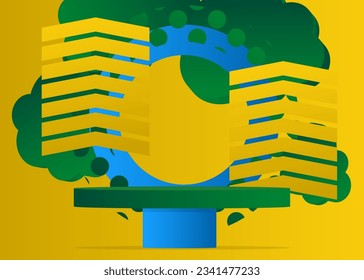 Blue, green and yellow vector product display. Mockup cylinder pedestal podium. Minimal geometric stage showcase for presentation.