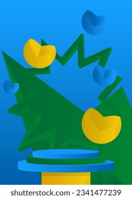 Pantalla de producto vectorial azul, verde y amarillo. Cilindro de mordaza podio peatonal. Muestra geométrica mínima de la presentación.