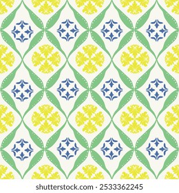 Azul, verde, amarelo e branco padrão clássico damasco sem costura: ilustração vetorial para design têxtil elegante, tapete, cortinas e roupas. Idealmente para toda a decoração.