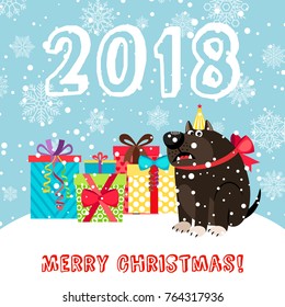 Blue greeting card 2018 merry christmas with big brown dog and presents, vector illustration