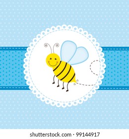 blue greeting card with cute bee. vector illustration
