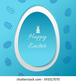 Blue greeting card with easter eggs and rabbit symbols flat vector illustration