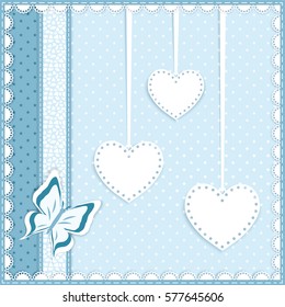 blue greeting card, lace, hanging three heart, butterfly, place for your text,  vector illustration