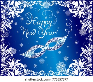 Blue greeting card for New year holidays with ornate mask and floral vintage border. Vector illustration