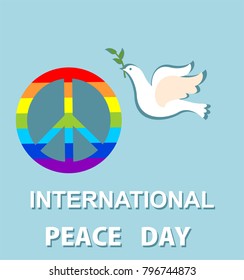 Blue greeting card with paper cut out dove and peace symbol with rainbow for International Peace day. Flat design