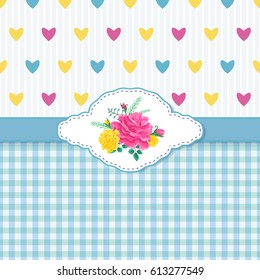 Blue Greeting Card with Roses and Hearts in the style of shabbi-chic.Vector illustration with pink and yellow flowers.Blue checkered background.