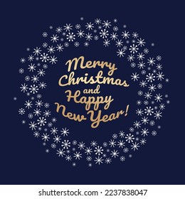 Blue greeting card with snowflakes Merry Christmas and Happy New Year. Vector greeting illustration for banner, poster, invitation, party