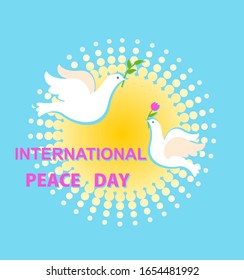 Blue greeting card with sun and paper cut out doves with olive branch and tulip for International Peace day