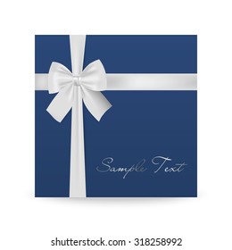 Blue greeting card with white bow isolated on white. Vector EPS10 illustration.  