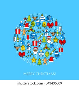 Blue Greeting Christmas card with decor ball made with outline icons. Holiday banner. Vintage poster.