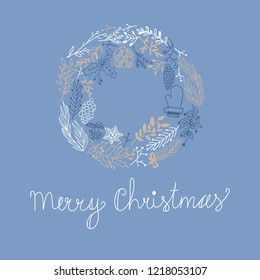 Blue greeting merry christmas decorative card with different elements concerning celebration vector illustration