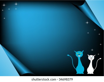 Blue greeting with two happy cats and small shiny stars