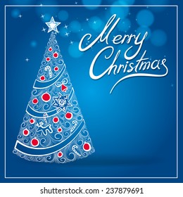 blue greetings card with christmas tree