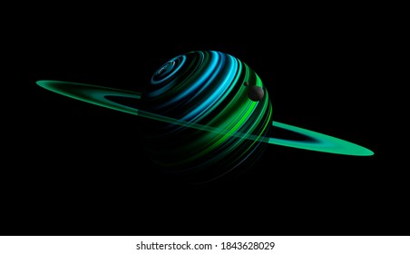 blue, gren plant on space with a ring and a moon