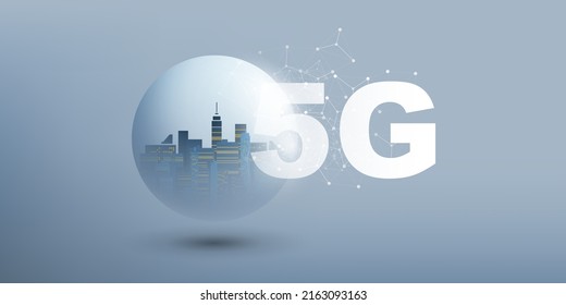 Etiqueta de red Blue Gray 5G con un paisaje urbano dentro de un globo - Telecomunicaciones móviles de banda ancha de fondo y diseño de Internet inalámbrico, nuevo concepto de tecnología móvil global de corte de vanguardia