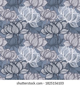 Blue and grey art deco flower pattern. Flower gold line art. Vector floral background.