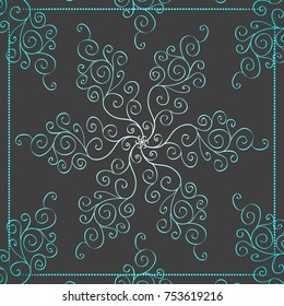blue and grey background with hand drawn circular patterns or snowflakes from wavy curls and doodles for congratulations with new year and Christmas.