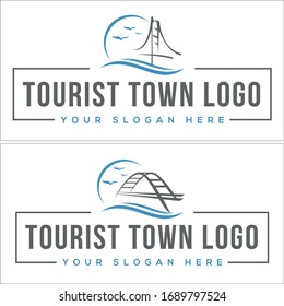 Blue grey bird bridge wave water sea circle swash and rectangle symbol logo design suitable for travel hotel town city holiday district tourist urban