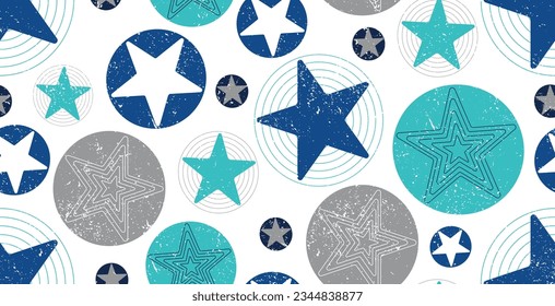 blue and grey circle and stars seamless pattern with worn out effect