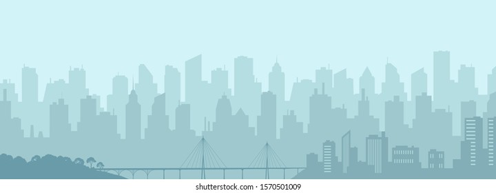 Blue grey cityscape buildings and bridge flat vector illustration