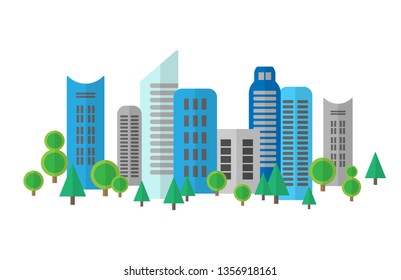 blue grey cityscape cartoon vector illustration. Building and green tree at downtown on white background.