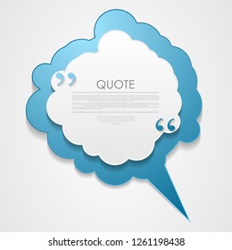 Blue and grey cloud speech bubble with commas, quote abstract background. Vector blank dialog cloud graphic design