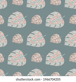 Blue and grey colored hand drawn monstera silhouettes seamless pattern. Tropical floral backdrop. Simple style. Designed for fabric design, textile print, wrapping, cover. Vector illustration.