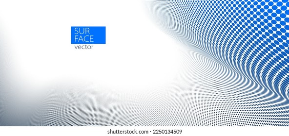 Blue and grey dots in 3D perspective vector abstract background, dotted pattern cool design, wave stream of science technology or business blank template for ads.