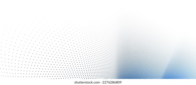 Blue and grey dots in 3D perspective vector abstract background, dotted pattern cool design, wave stream of science technology or business blank template for ads.