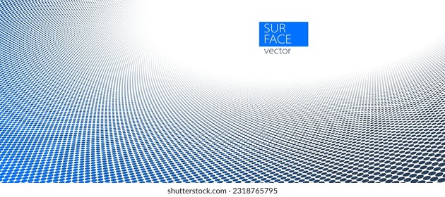 Blue and grey dots in 3D perspective vector abstract background, dotted pattern cool design, wave stream of science technology or business blank template for ads.