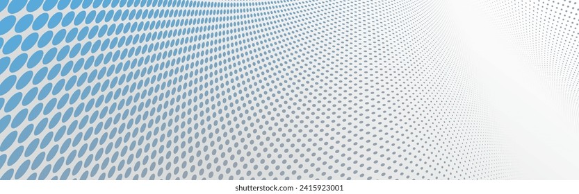 Blue and grey dots in 3D perspective vector abstract background, dotted pattern cool design, wave stream of science technology or business blank template for ads.